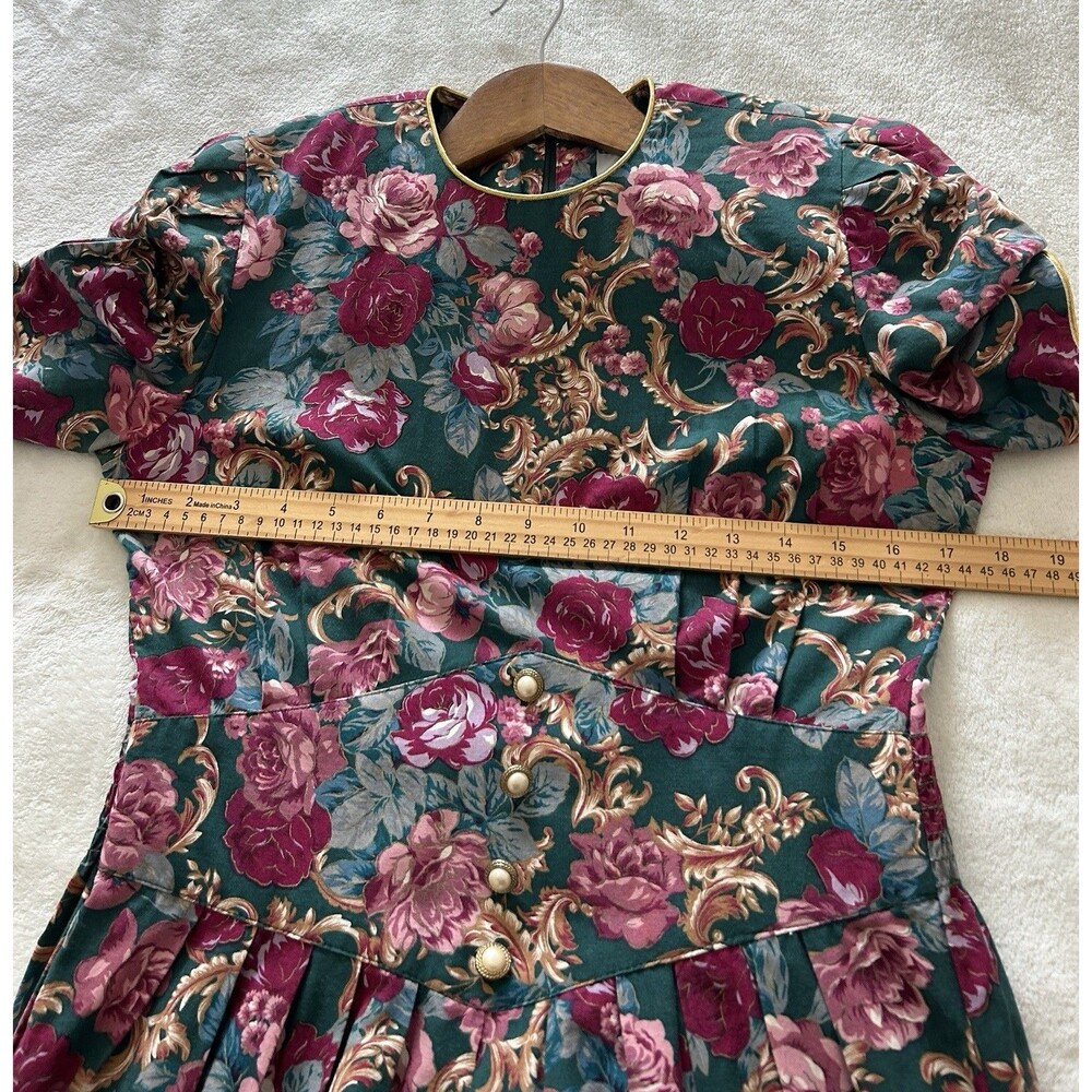 Vintage Romantic Floral Midi Dress Size 6 Green Roses Pearl Buttons 80s Bold - Picture 10 of 14